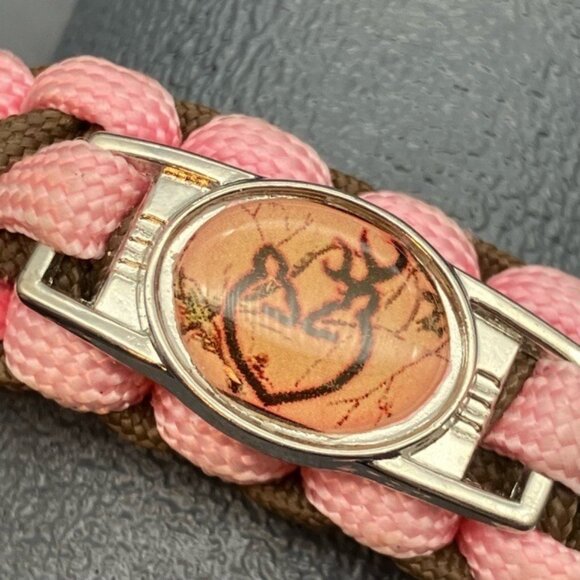 Deer Survival Paracord Bracelet 7.5 In Pink Crackle Brown Heart Silver Oval Camp - Picture 2 of 4
